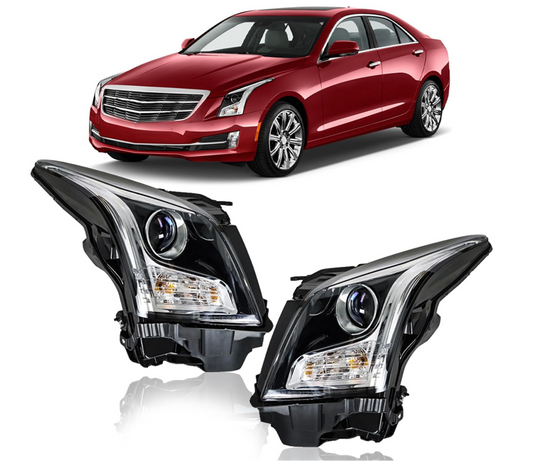 Headlights Assembly Set for Cadillac ATS 2013-2018 Driver/Passenger Side Halogen Chrome