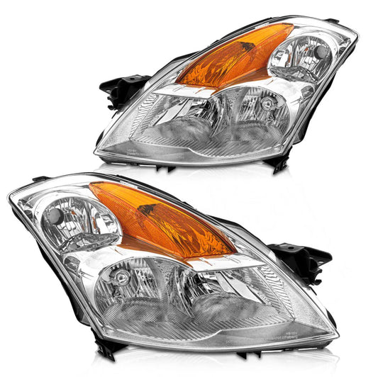Headlight Assembly Set for Nissan Altima Sedan 2007-2009 Chrome Housing Clear Lens Driver & Passenger Side